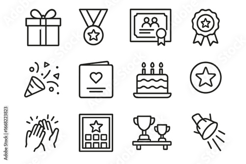 Recognition Icons Grid. Outline vector icons of recognition and rewards events: gift box, achievement medal,