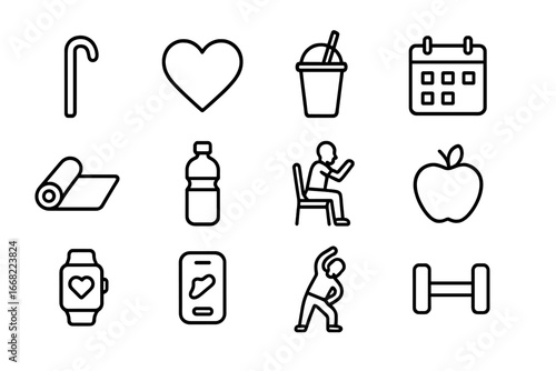 Senior Wellness Icon Set. Outline icon set of senior wellness programs: walking cane, heart icon, smoothie cup
