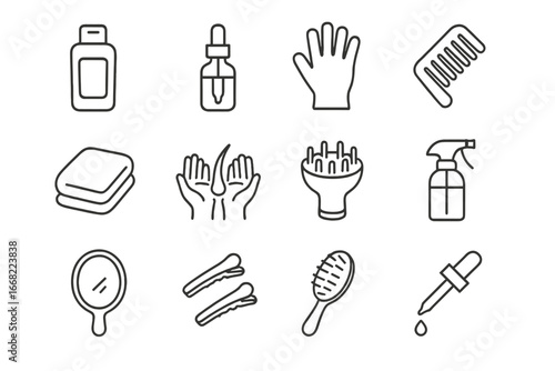 Sensitive Scalp Care Icons. Outline icon set of Sensitive scalp care: gentle shampoo, scalp soothing serum,