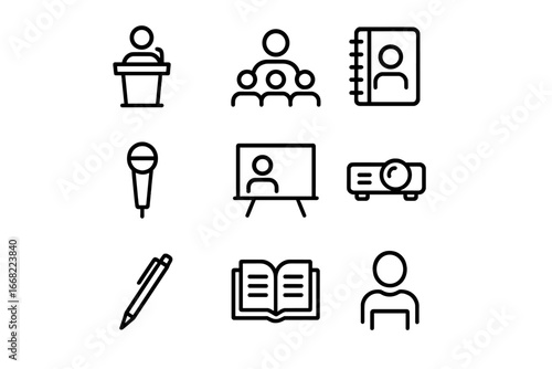 Seminar Activities Icons. Outline icon set of seminar activities: podium, speaker, audience, notebook,