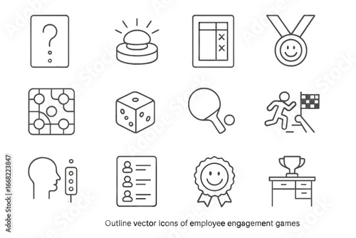 Employee Engagement Icons. Outline vector icons of employee engagement games: trivia card, buzzer icon,