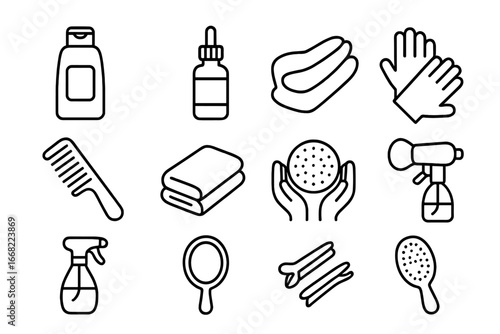 Sensitive Scalp Care Icons. Outline icon set of Sensitive scalp care: gentle shampoo, scalp soothing serum,