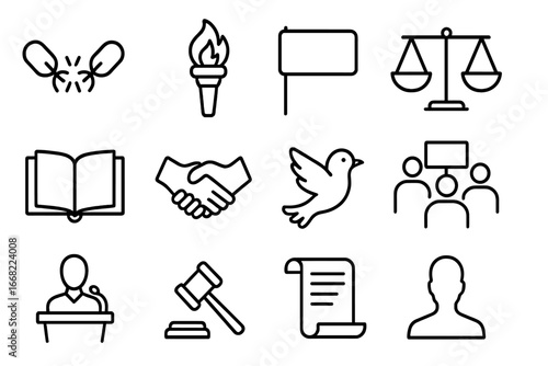 Slavery Abolition Icons. Outline icon set of slavery abolition movements: broken chains, freedom torch,
