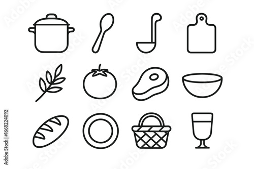 Slow Cooking Icons. Outline icon set of slow cooking techniques: pot, wooden spoon, ladle, cutting board, herb