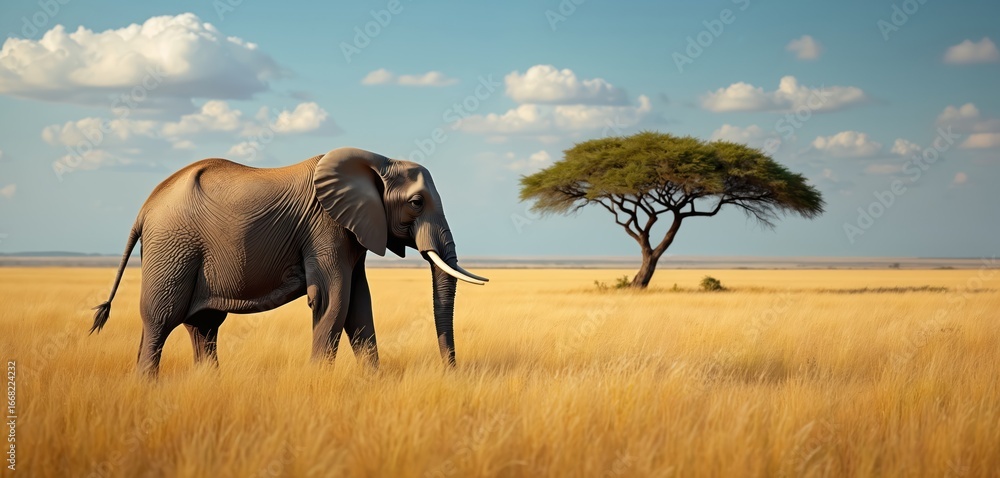 Fototapeta premium Majestic elephant walks across African savannah abundant with tall golden grasses, acacia trees under blue sky with scattered clouds. Scene embodies of wildlife, safari adventures, natural beauty of