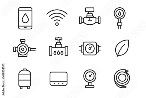 Smart Water Icon Set. Outline icon set of smart water reuse systems: smartphone app, Wi-Fi signal, sensor node
