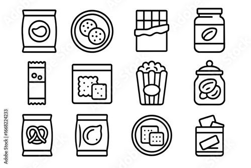 Snack Icons Collection. Outline icon set of snack shelf: chips bag, cookie tin, chocolate bar, nut jar,