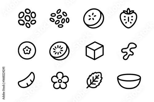 Smoothie Bowl Toppings. Outline icon set of smoothie bowl toppings: granola, chia seeds, sliced banana,