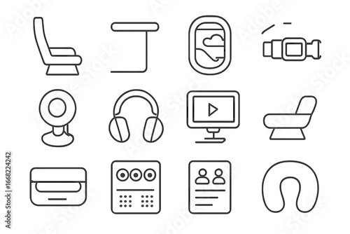 Airplane Travel Icons. Outline vector icons of sitting on a plane: airplane seat, tray table, window view,