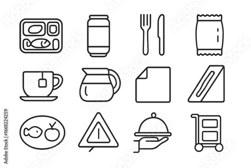 Airplane Meal Icons. Outline vector icons of airplane meals and snacks: tray meal, drink can, cutlery set,