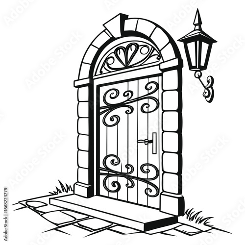 Ancient door with ornate hinges silhouette