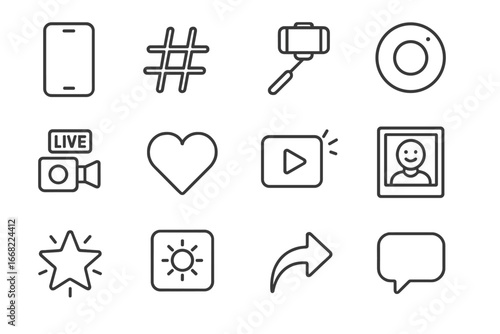 Social Media Icons. Outline icon set of social media art trends: smartphone, hashtag, selfie stick, story icon