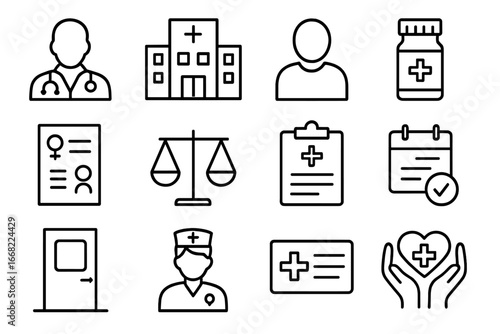 Equal Health Icons. Outline vector icons of equal health care access: doctor icon, hospital building,