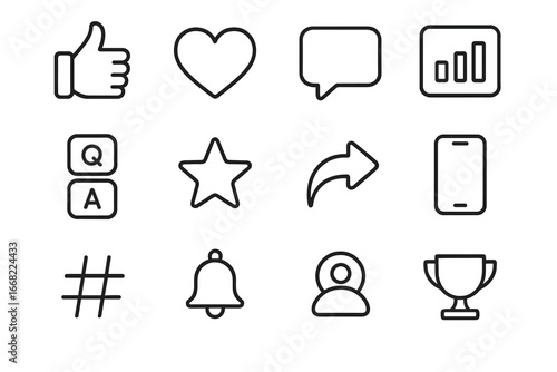 Social Media Icon Set. Outline icon set of social media engagement tools: thumbs up, heart, comment bubble,