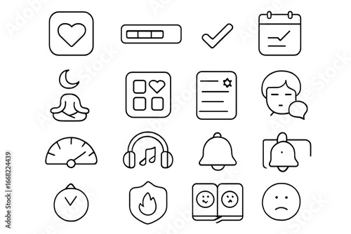 Mental Wellness Icons. Outline vector icons of mental wellness apps: app icon, progress bar, check-in symbol,