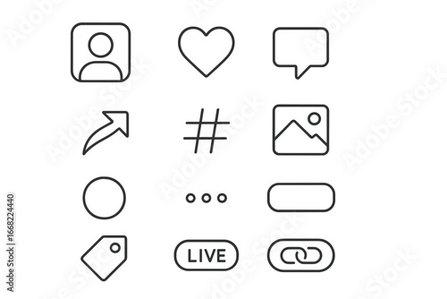 Social Media Icon Set. Outline icon set of social media post templates: profile picture, like icon, comment