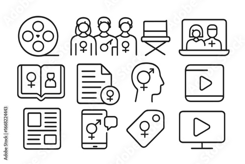 Gender Representation Icons. Outline vector icons of gender representation in media: movie reel, diverse cast,