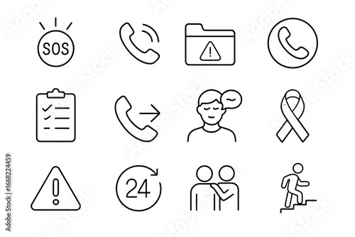 Crisis Counseling Icons. Outline vector icons of crisis counseling: SOS icon, emergency line, crisis folder,