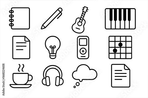 Songwriting Icons Grid. Outline icon set of songwriting process: notebook, pen, guitar, piano, lyric sheet,