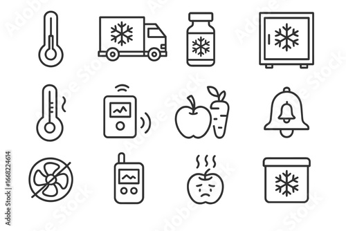 Cold Chain Icon Grid. Outline vector icons of cold chain breakdown: temperature gauge, refrigerated truck,