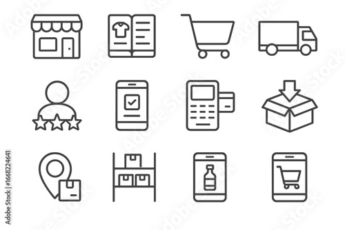 E-commerce Icon Grid. Outline vector icons of e-commerce startup ideas: online store, product catalog,