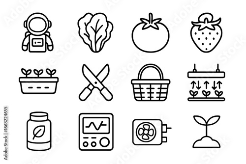 Space Harvest Icons. Outline icon set of harvesting crops in space: astronaut, lettuce, tomato, strawberry,