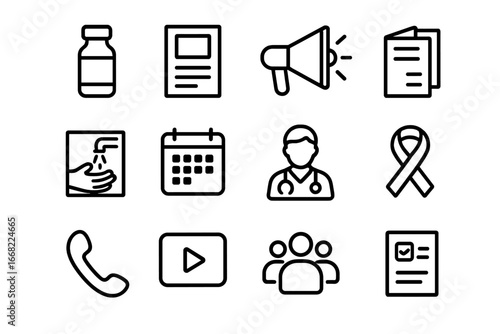 Public Health Icons Grid. Outline icon set of public health campaigns: vaccine vial, poster icon, loudspeaker,