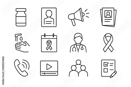 Public Health Icons Grid. Outline icon set of public health campaigns: vaccine vial, poster icon, loudspeaker,