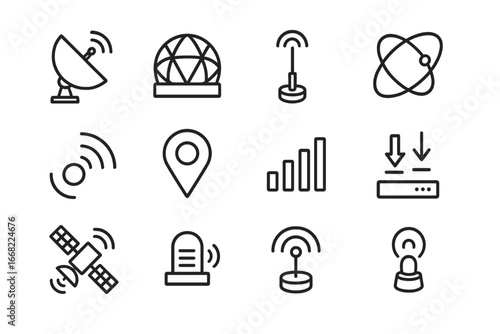 Space Signal Icon Set. Outline icon set of space signal tracking: tracking dish, radar dome, GPS antenna,