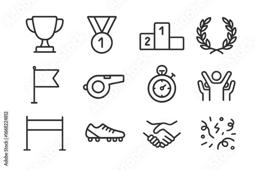 Sports Victory Icons. Outline icon set of victory in sports: trophy, medal, podium, laurel wreath, flag,