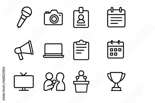 Sports Media Icon Set. Outline icon set of Sports media and press relations: microphone, camera, press badge,