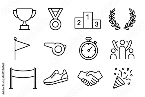 Sports Victory Icons. Outline icon set of victory in sports: trophy, medal, podium, laurel wreath, flag,