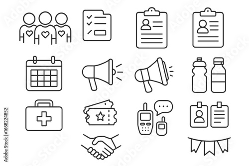 Sports Volunteer Icons. Outline icon set of Sports volunteer coordination: volunteers, checklist, calendar,