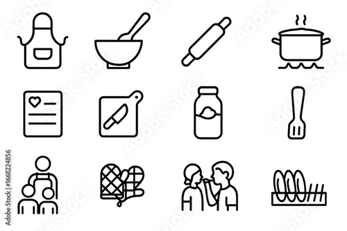 Family Cooking Icons. Outline icon set of cooking together at family reunions: kitchen apron, mixing bowl,