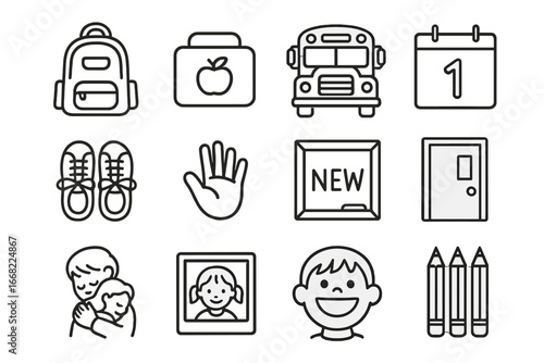 First School Day Icons. Outline icon set of celebrating first day of school: backpack, lunchbox, school bus,