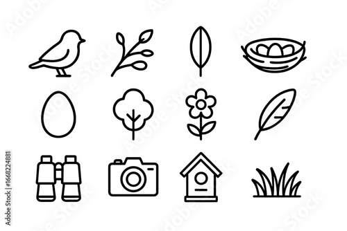 Spring Bird Icon Set. Outline icon set of spring bird nesting season: bird silhouette, twig, leaf, nest, egg,