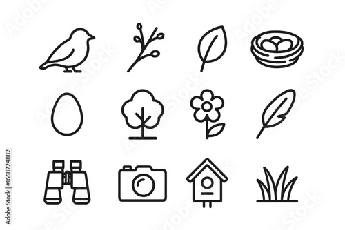 Spring Bird Icon Set. Outline icon set of spring bird nesting season: bird silhouette, twig, leaf, nest, egg,