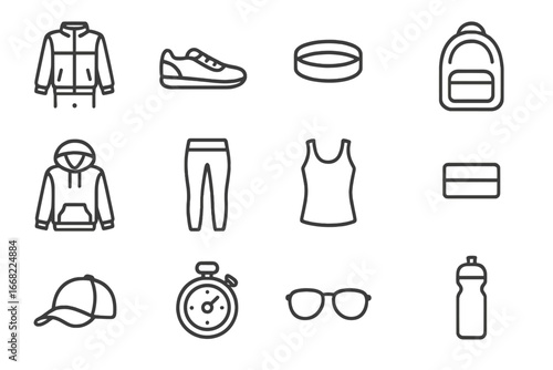 Sporty Fashion Icons. Outline icon set of sporty fashion: tracksuit, sneakers, headband, backpack, hoodie,