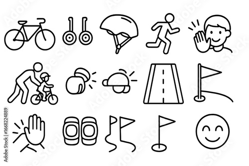 Bike Riding Icons. Outline icon set of learning to ride a bike: bicycle, training wheels, helmet, running