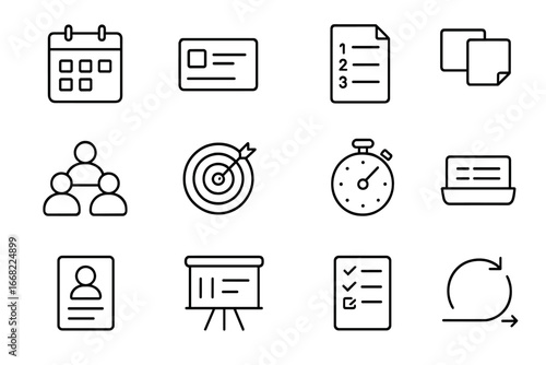 Sprint Planning Icons. Outline icon set of sprint planning: calendar, task card, priority list, sticky notes,