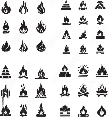 Collection of various fire and campfire icons representing different flame styles and burning logs in a silhouette style