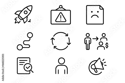 Startup Failures Icons. Outline icon set of startup failures and lessons: broken rocket, shutdown notice,