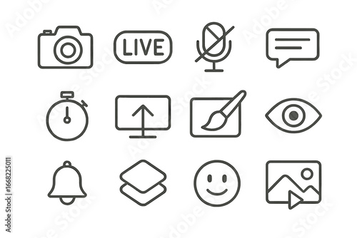 Art Livestream Icons. Outline icon set of art livestream tools: camera icon, live badge, mic on/off, chat