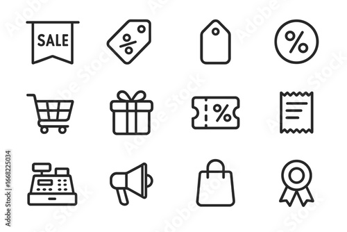 Store Promotion Icons. Outline icon set of storewide promotions: sale banner, discount tag, price tag,