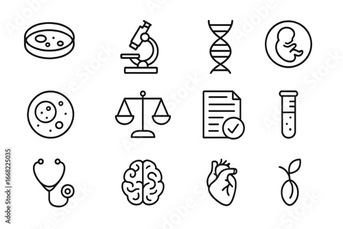 Stem Cell Ethics Icons. Outline icon set of stem cell research ethics: petri dish, microscope, DNA strand,
