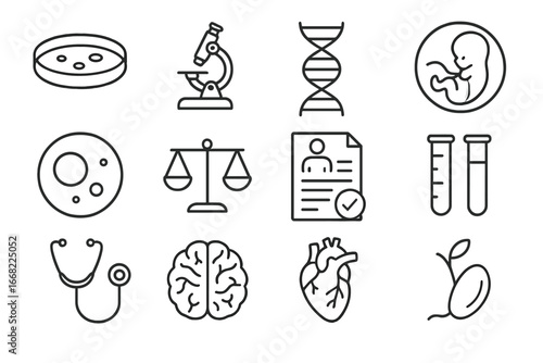 Stem Cell Ethics Icons. Outline icon set of stem cell research ethics: petri dish, microscope, DNA strand,