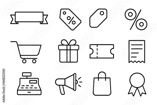 Store Promotion Icons. Outline icon set of storewide promotions: sale banner, discount tag, price tag,