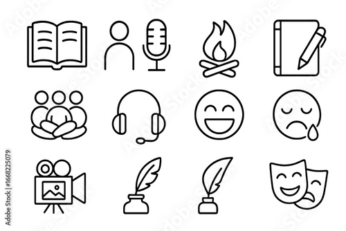 Storytelling Icons Collection. Outline icon set of storytelling for healing: open book, microphone, campfire,