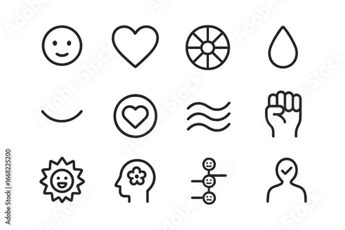 Emotional Awareness Icons. Outline icon set of emotional awareness: face icon, heart icon, emotion wheel, tear