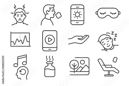 Stress Management Icons. Outline icon set of stress management: tension head, deep breath, sleep mask, stress